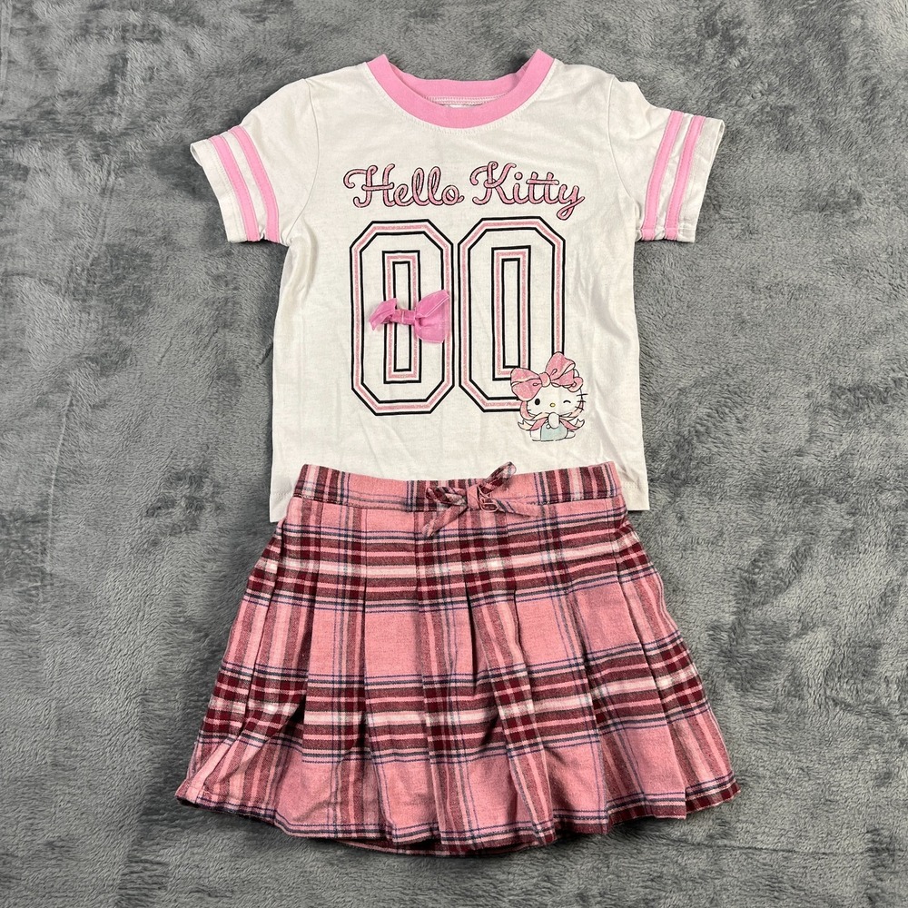Hello Kitty Girls 4T Top & Skirt 2 Piece Set Multicolor Plaid Bow Pleated Preppy
